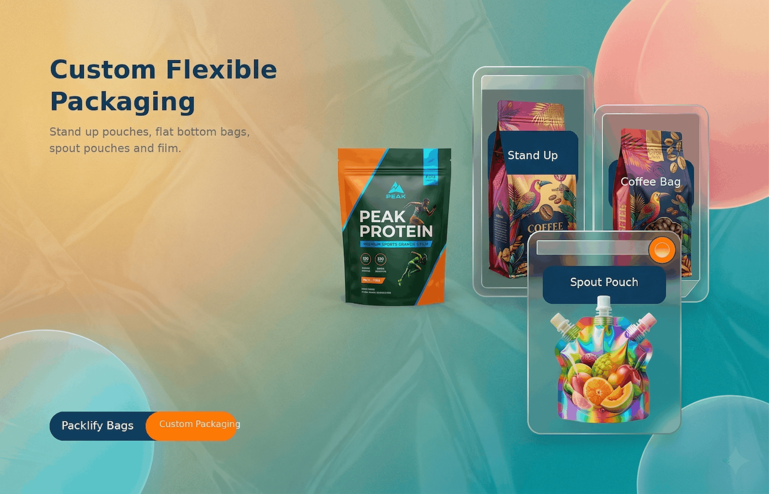 custom flexible packaging manufacturer showing stand up pouch, coffee bag and spout pouch product lineup